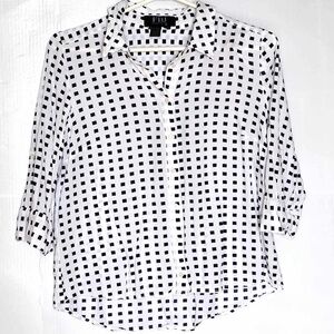FDJ French Dressing Jeans White & Navy Cubic Print 3/4 Roll Sleeve Blouse size 8